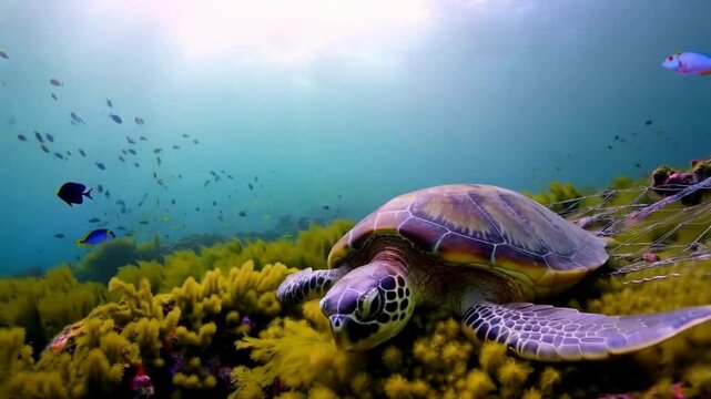 A sea turtle finds itself entangled in a fisherman&rsquo;s net
