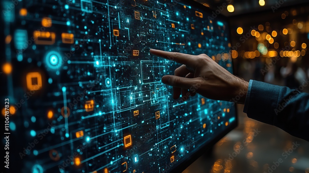 Aufkleber a businessman touches a digital file system on a virtual screen the screen displays a data flow diag