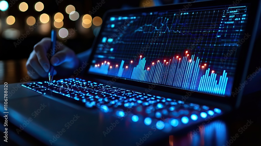 Poster a businessman using a laptop and drawing an upward growth graph on a virtual screen, symbolizing bus