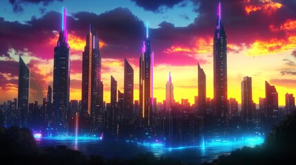 A futuristic cityscape with vibrant neon lights and a dramatic sunset sky