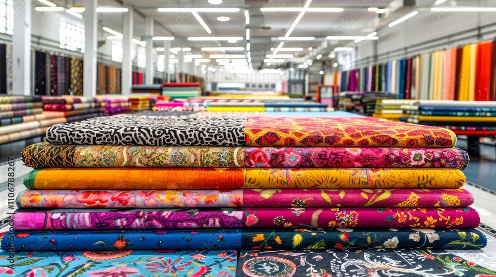 Poster panoramic view of a large-scale fabric cutting table with layers of vibrant textiles neatly arranged