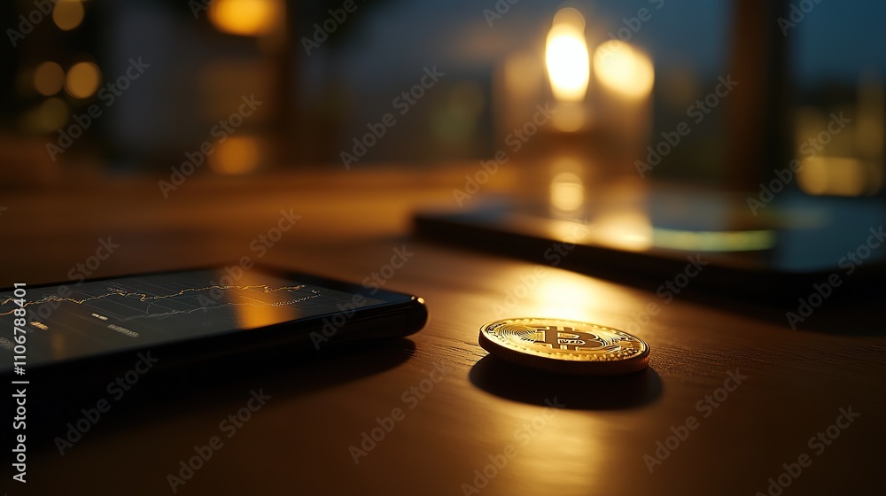 Aufkleber a smartphone and a coin on a table, illuminated by soft candlelight.