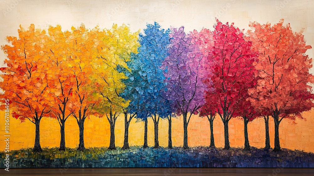 Poster a canvas painting depicting colorful trees in an artistic display