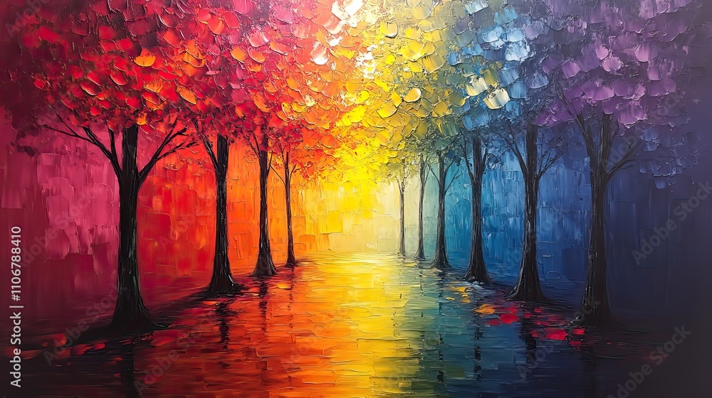 Poster a canvas painting depicting colorful trees in an artistic display