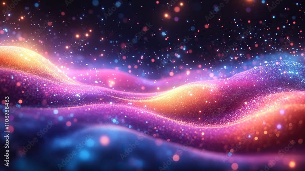 Poster a captivating background with colorful lines and twinkling stars in a light purple, blue, and pink c