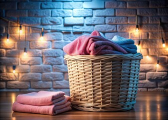 Vertical View of Pink Towel and Blue Sheets in Wicker Laundry Basket on White Table Against Painted Brick Wall - Night Photography