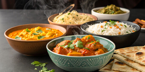The rich, colorful presentation highlights the depth and diversity of Indian cuisine, with each dish artfully arranged in beautiful bowls and plates, inviting viewers to savor the visual and culinary.