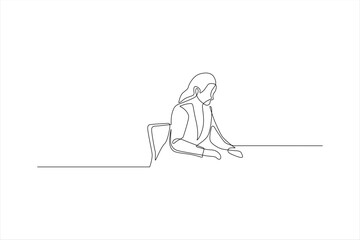 Single line drawing of a person sitting at a desk.