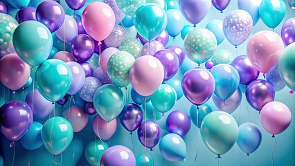 Vibrant Pastel Purple and Teal Balloons Floating Against a Soft Blue Background - Perfect for Celebrations, Parties, and Event Decorations
