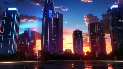 Fototapeta premium Futuristic City Skyline with Sunset and Reflections