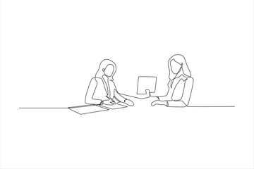 One line drawing of two businesswomen in a meeting, reviewing documents.