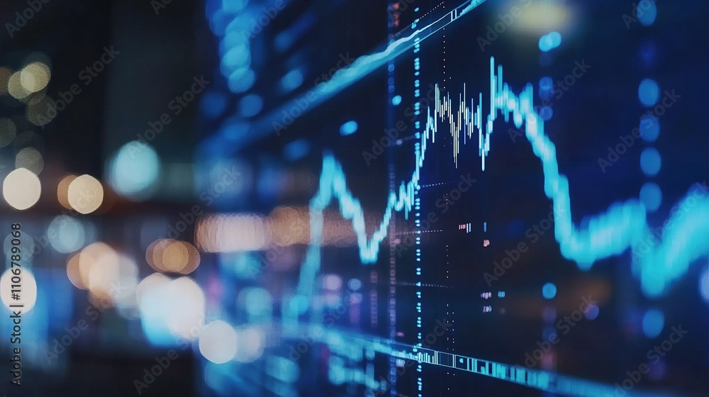 Poster a digital display showing a fluctuating financial graph with data points.