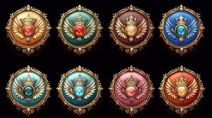 A cartoon-style set of gold buttons adorned with crowns and wings has medieval decorative borders in vibrant hues