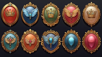 A cartoon-style set of gold buttons adorned with crowns and wings has medieval decorative borders in vibrant hues