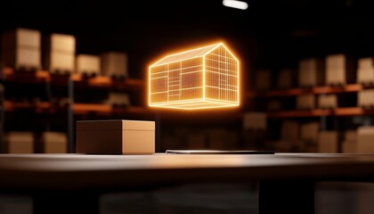 A glowing 3D hologram of a container hovers above a wooden box in a dimly lit warehouse setting.