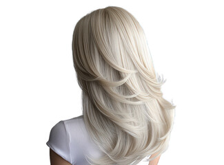 Obraz premium Platinum blonde wig with layers and waves, gently airborne on a clean white backdrop.