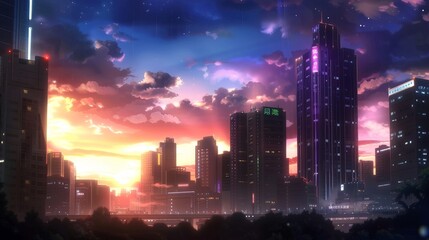 Obraz premium A futuristic cityscape with a dramatic sunset and glowing skyscrapers