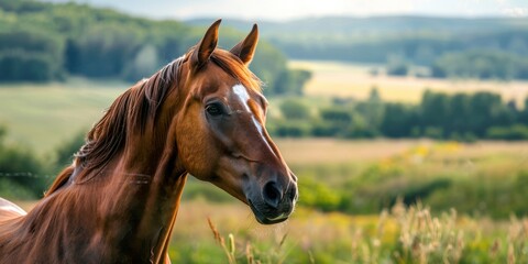 Obraz premium Portrait of a Horse with blurred rolling countryside background, copy space, cinematic 