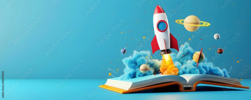 Poster rocket launching from an open book into space