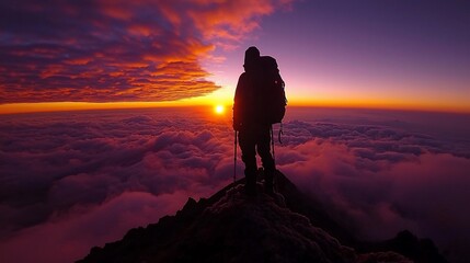 Obraz premium Silhouette of a hiker on mountain peak at sunrise above clouds.
