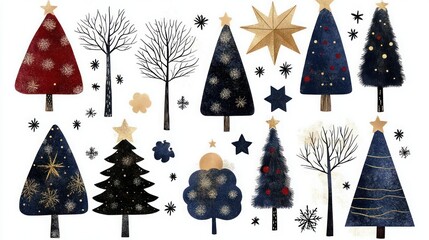 Hand Drawn Christmas Tree Set: Festive Elements for Your Holiday Designs