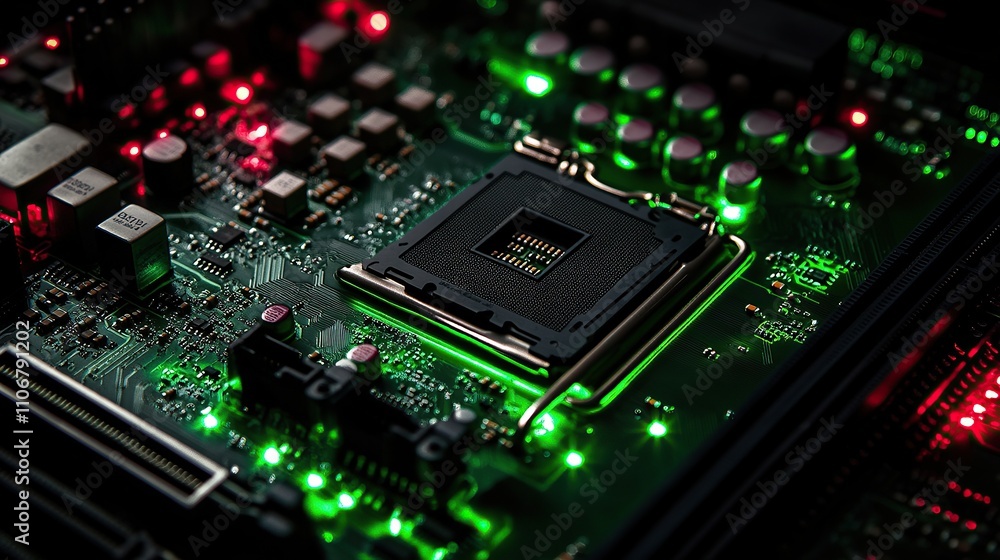 Poster close-up of a circuit board with a cpu and illuminated components.