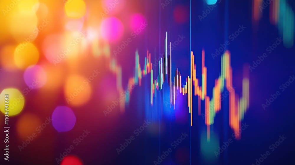 Poster abstract digital representation of data trends with colorful bokeh background.