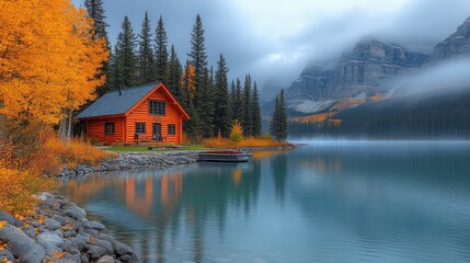 Fototapeta premium A serene lakeside cabin surrounded by autumn foliage and mountains under a cloudy sky.