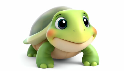 Fototapeta premium 3D render cartoon of a smiling green turtle isolated rendering of a cute green turtle on a white background, 