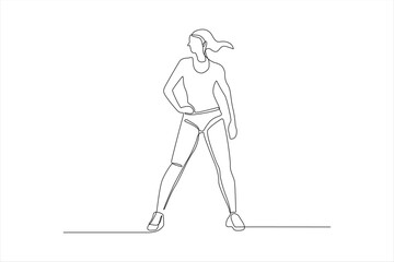 Single-line drawing of a woman in athletic wear, standing in a dynamic pose.