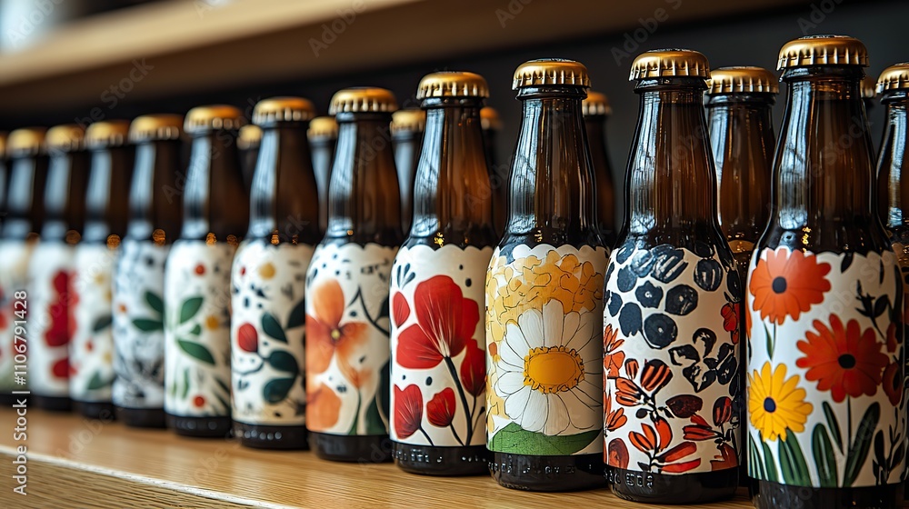 Poster a close-up image of several rows of beer bottles, each with unique labels and designs