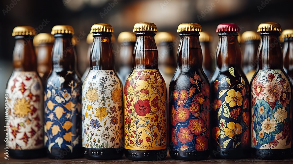 Poster a close-up image of several rows of beer bottles, each with unique labels and designs