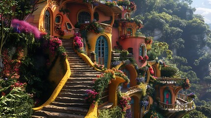 Fairy prince's fantasy: intricate colorful villa with outdoor stairs and a fantastical fairy landscape