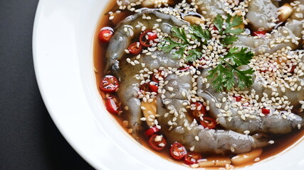 shrimp in soy sauce on white plate, korean style menu