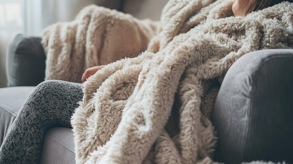 A person comfortably nestled in blankets on a sofa, enjoying a lazy day at home.