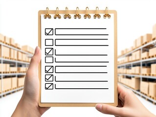 A hands-held checklist is shown against a background of shelves filled with boxes, suggesting organization and inventory management.