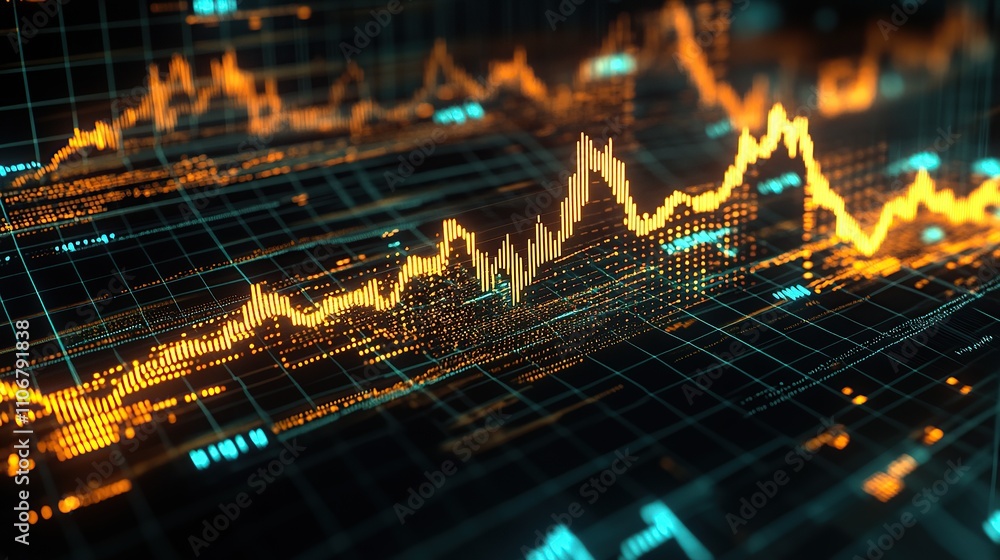 Poster a digital graph displaying fluctuating data trends in vibrant colors.