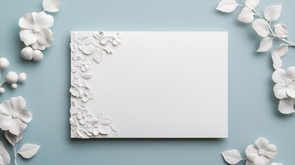 Elegant 3D Floral Embossing Wedding Invitation Mockup on Soft Blue Background for Elegant Events and Special Occasions, Perfect for Personal and Professional Use