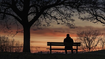 Obraz premium A person sitting on a park bench at dusk, looking into the distance with a sense of loneliness.