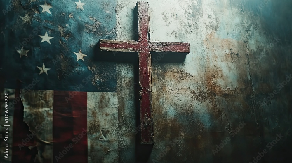 Poster a close-up of an american flag with a cross hanging on the bottom right, centered on a white backgro