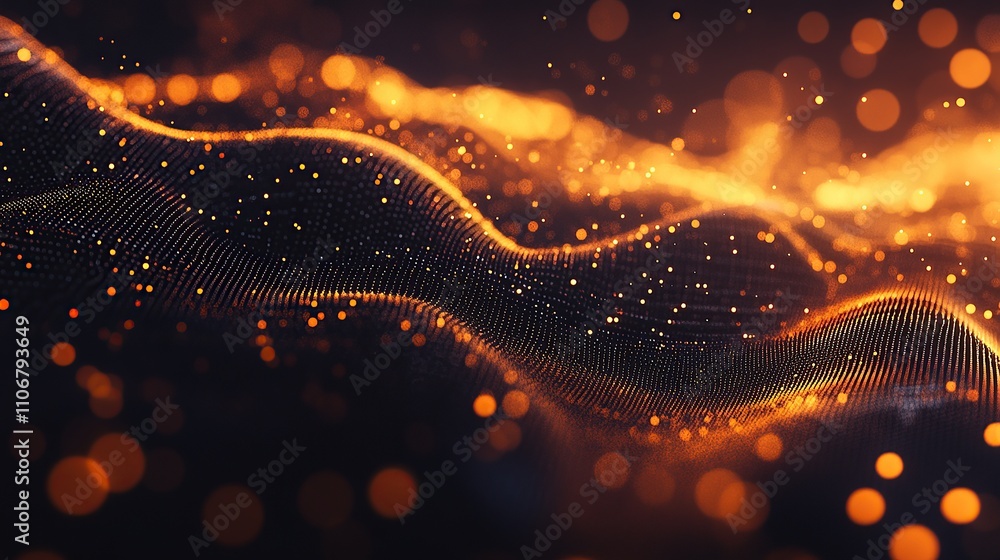 Poster abstract wave of glowing particles creating a dynamic visual effect.