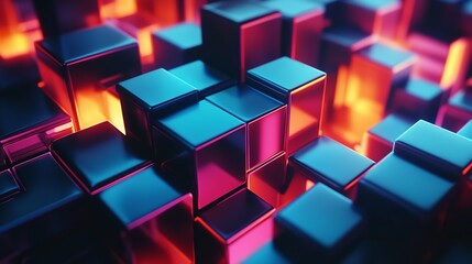 Obraz premium In a close-up view, numerous metallic blocks are arranged in a repetitive, structured pattern, creating an abstract design that reflects light beautifully