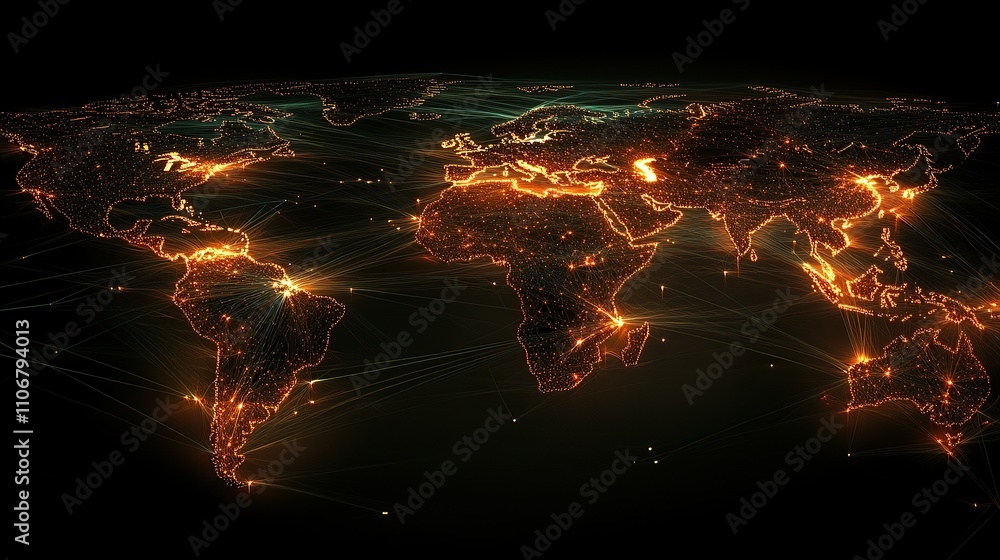 Poster a glowing world map showcasing global connectivity through illuminated data points.