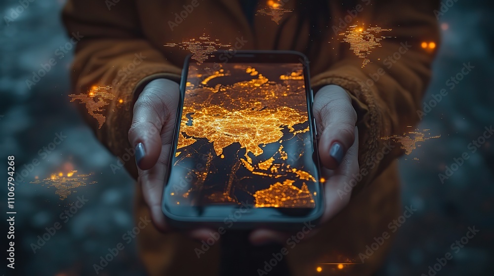 Aufkleber a close-up of hands holding a phone with floating global map icons and networks symbolizing online m