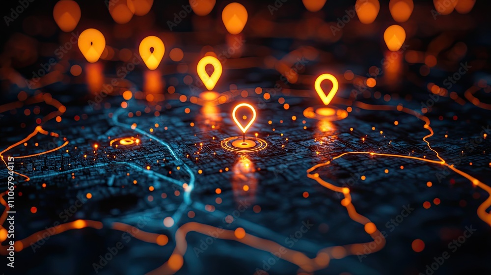 Poster a close-up of location pins on a map with glowing lines, symbolizing connections