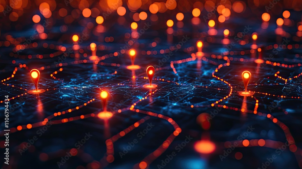 Poster a close-up of location pins on a map with glowing lines, symbolizing connections