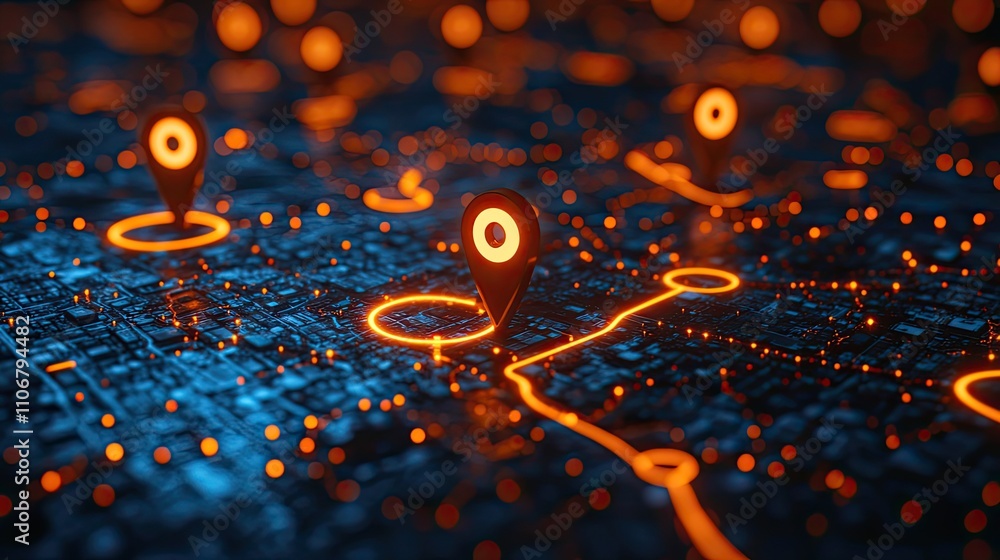 Poster a close-up of location pins on a map with glowing lines, symbolizing connections