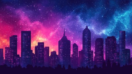 Fototapeta premium A City Skyline Under a Vivid, Starry Night Sky