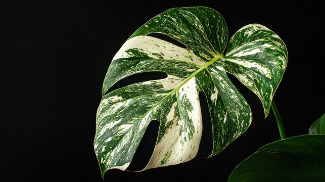 A rare variegated monstera variegata leaf with its mix of green and white, displayed against a black background