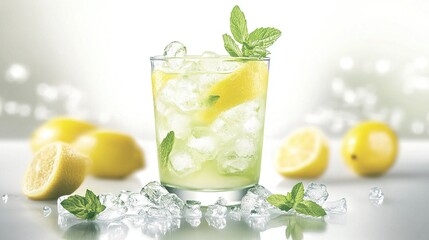Fototapeta premium Lemon mint drink in glass with dramatic lighting.